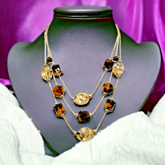 Abalone Chip Station Necklace Faux Tortoise MOP Multi Layer Statement Jewelry - Picture 10 of 10